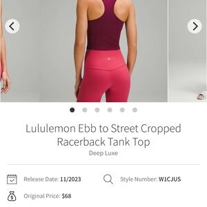 lululemon Ebb to Street Cropped Racerback Tank Top, Deep Luxe, Size 4